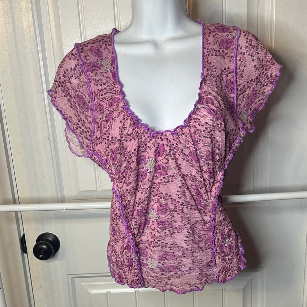 Free People Pink and Purple Floral Ruffled Short Sleeve Top